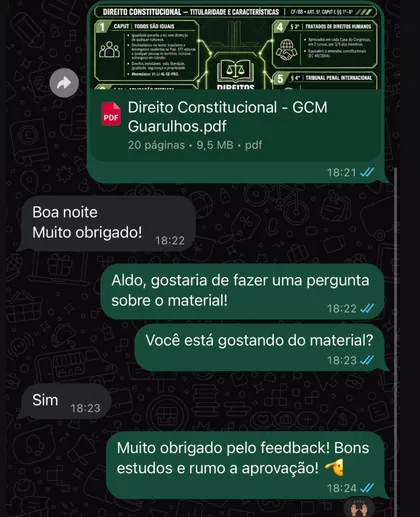 Conversa de WhatsApp: aluno de Guarulhos confirma que está gostando do material