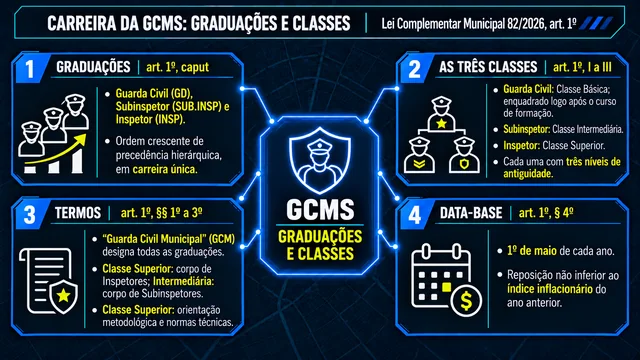 Mapa mental da carreira da Guarda de Santana, LC 82/2026, graduações e classes