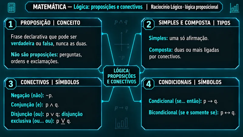 Mapa mental de Raciocínio Lógico sobre proposições e conectivos